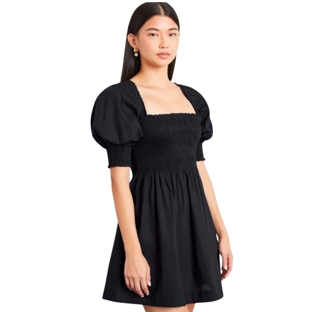 Hill House Home Athena Nap Dress Black Smocked‎ Puff Sleeve Mini L Cottage LBD